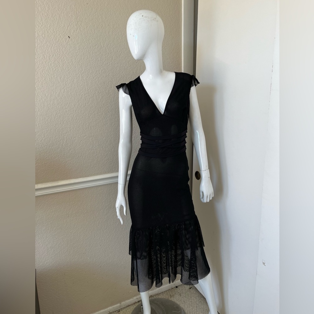 GEORGINE RARE! Vintage! Black Mesh Flutter Sleeve Ruffled Hem Midi Dress Sz 4